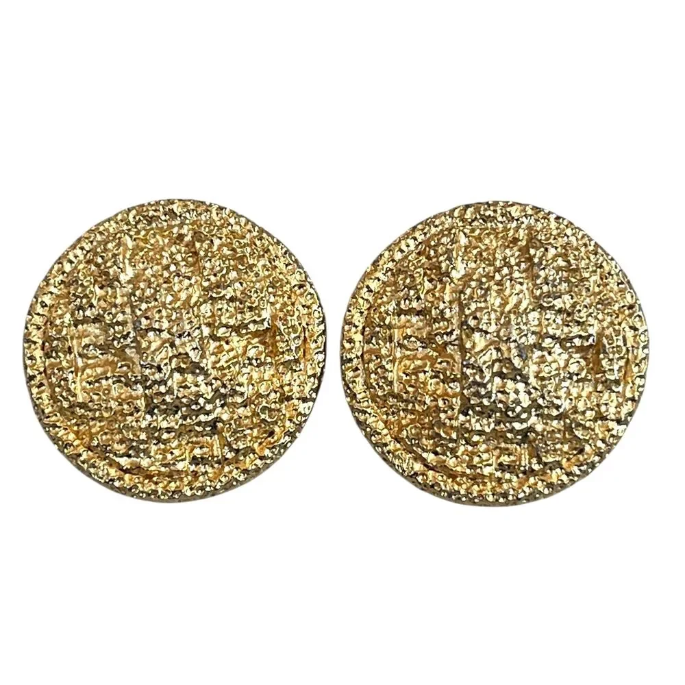 Vintage 1970s Kenneth Lane Clip Earrings Textured Gold Tone Disc - 1C